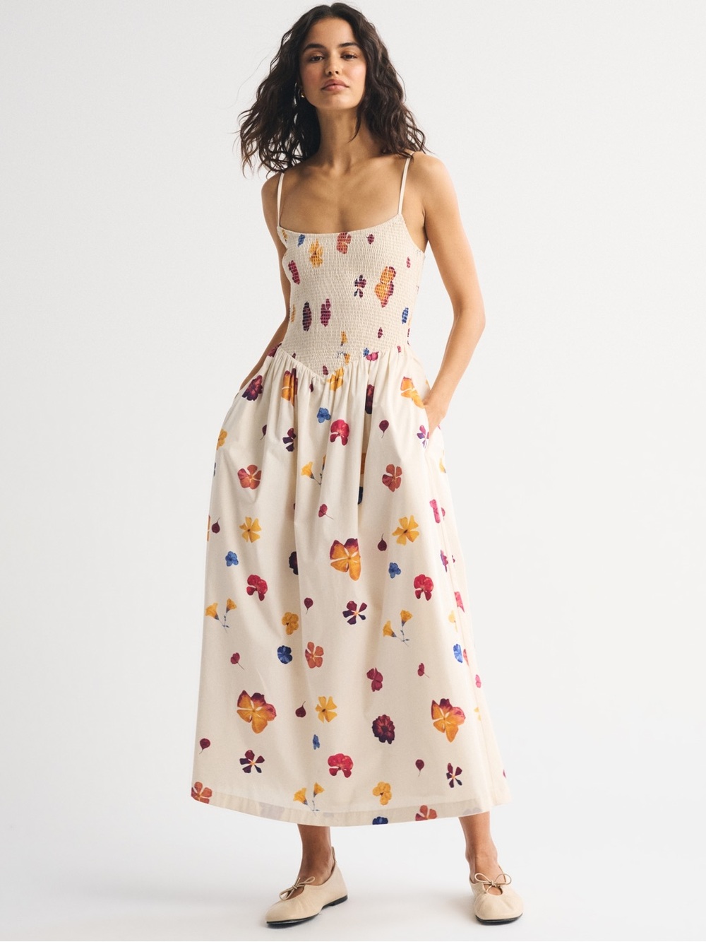Abercrombie & Fitch Sydney Smocked Dipped-Waist Midi Dress
